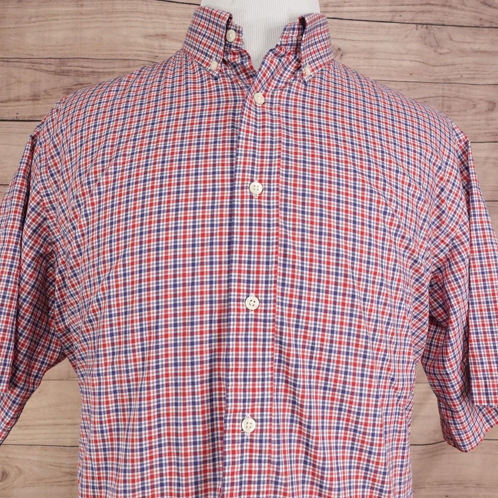 Daniel Cremieux Shirt Mens L Red Blue Plaid Short‎ Sleeve Button-Up Tailored Fit